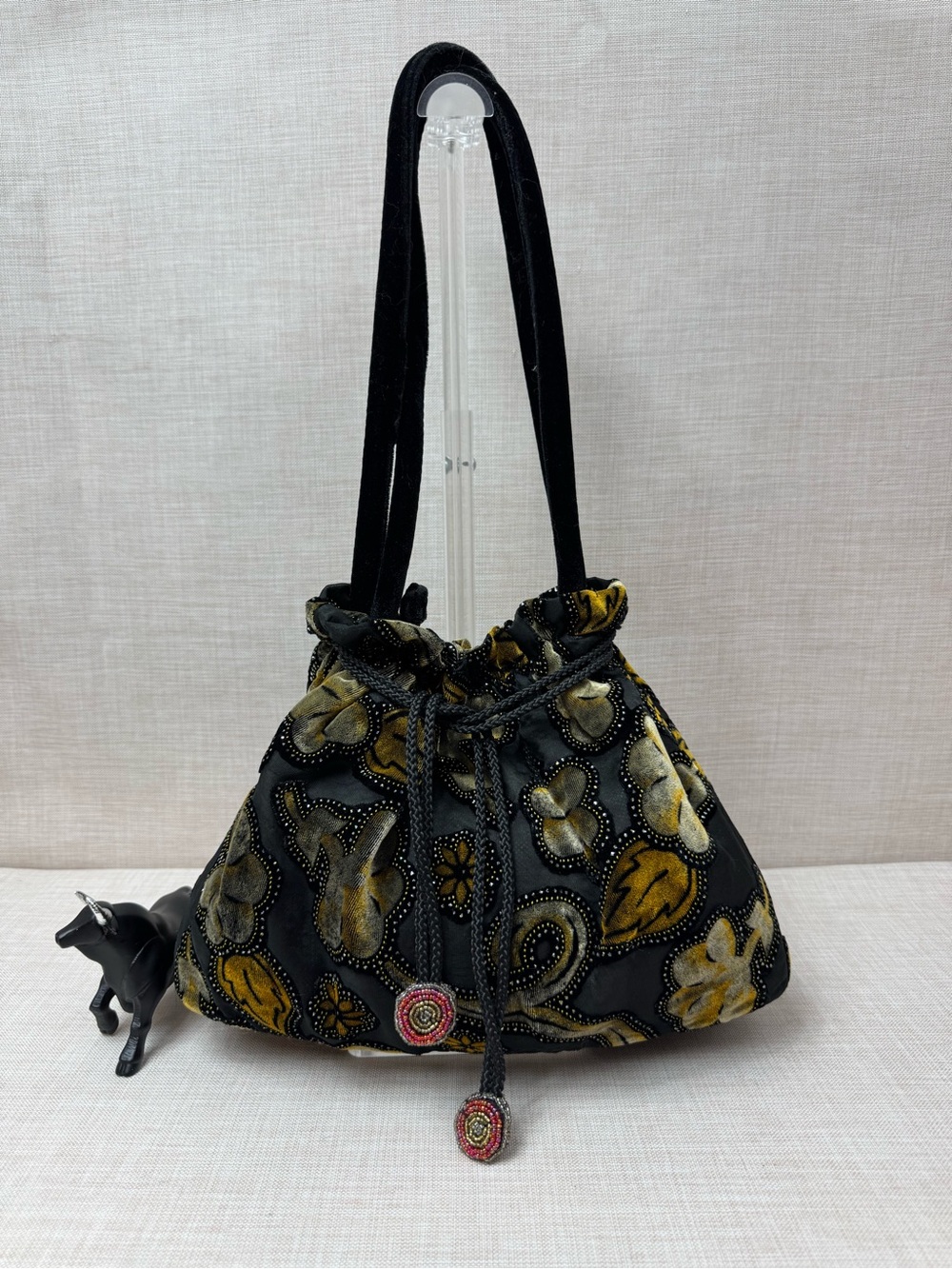 Black Velvet Floral Embroidered Drawstring Shoulder Bag